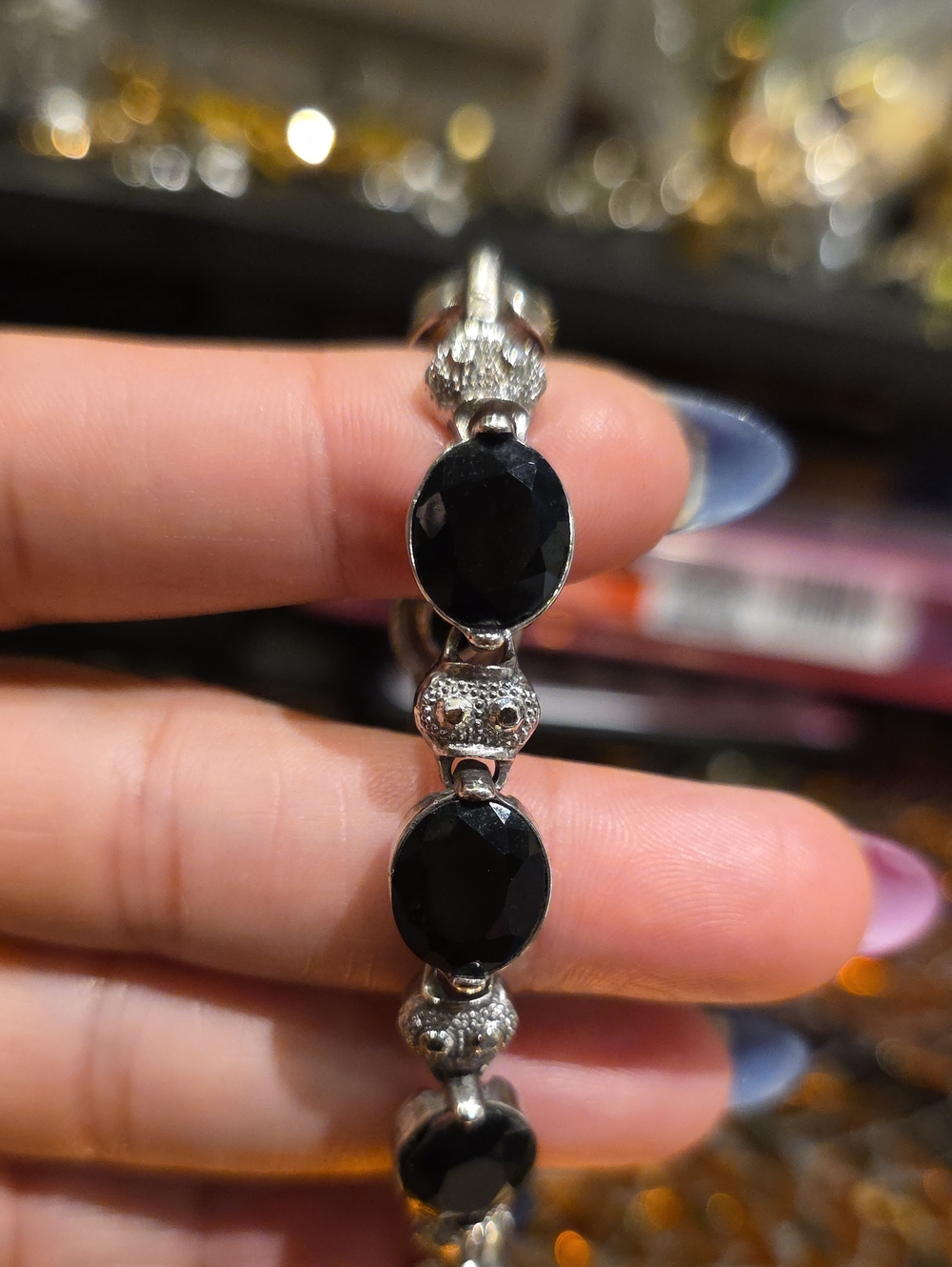 Vintage Black Stone Silver-Tone Bracelet